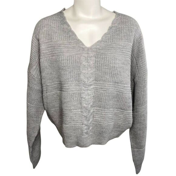 Numero Sweaters - Numero Sweater Top Womens XL Grey Lace-Back Cropped Long-Sleeve Soft Lightweight